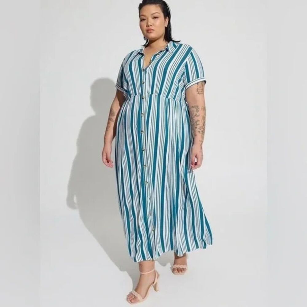 3X - Torrid Teal Blue Stripe Maxi Rayon Slub Button Godet A-Line Dress NWOT